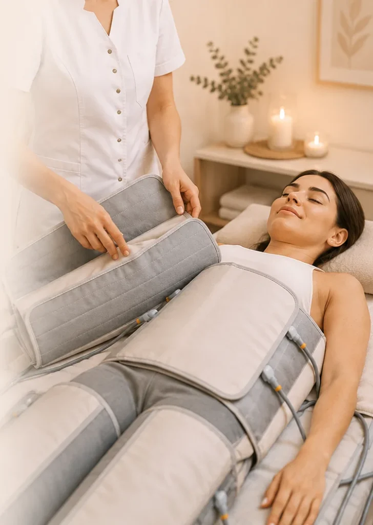 Lymphdrainage Frau liegt entspannt auf Behandlungsliege mit Lymphdrainage-Manschetten an Beinen und Bauch, Therapeutin legt weitere Manschette an